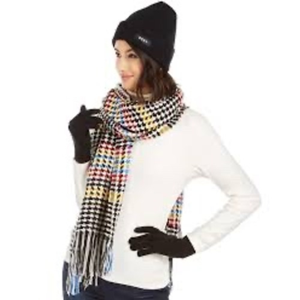 DKNY Scarf Womens OS Multicolor Good Houndstooth Fringe Oversized Wrap Scarf